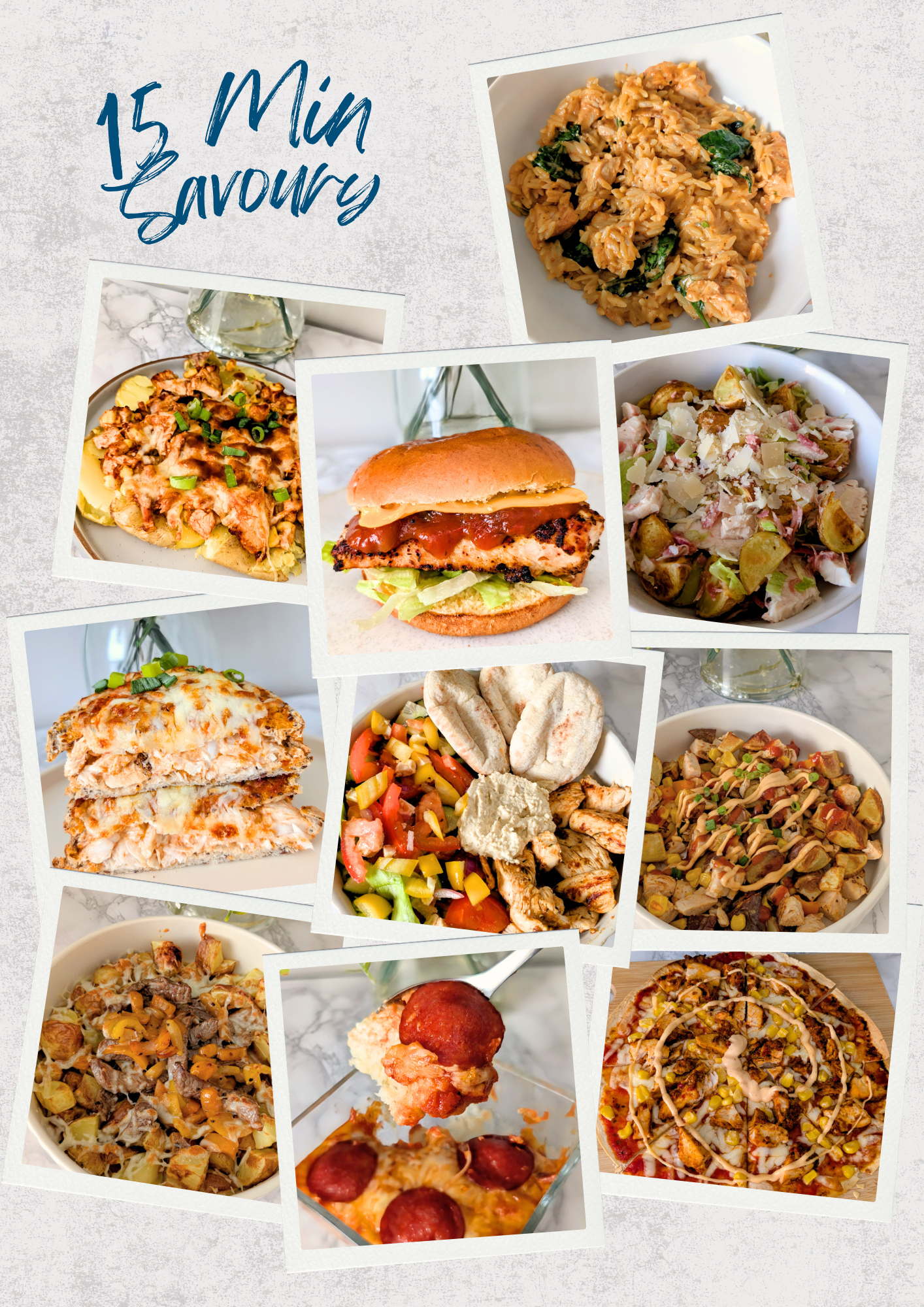 Collage of various savory dishes with '15 Min Savory' text at the top.