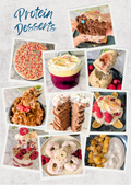 A collage of nine photos showcasing various protein dessert recipes, including chocolate cake, granola parfaits, donuts, and fruit desserts, with the text 'Protein Desserts' written in blue script at the top left.