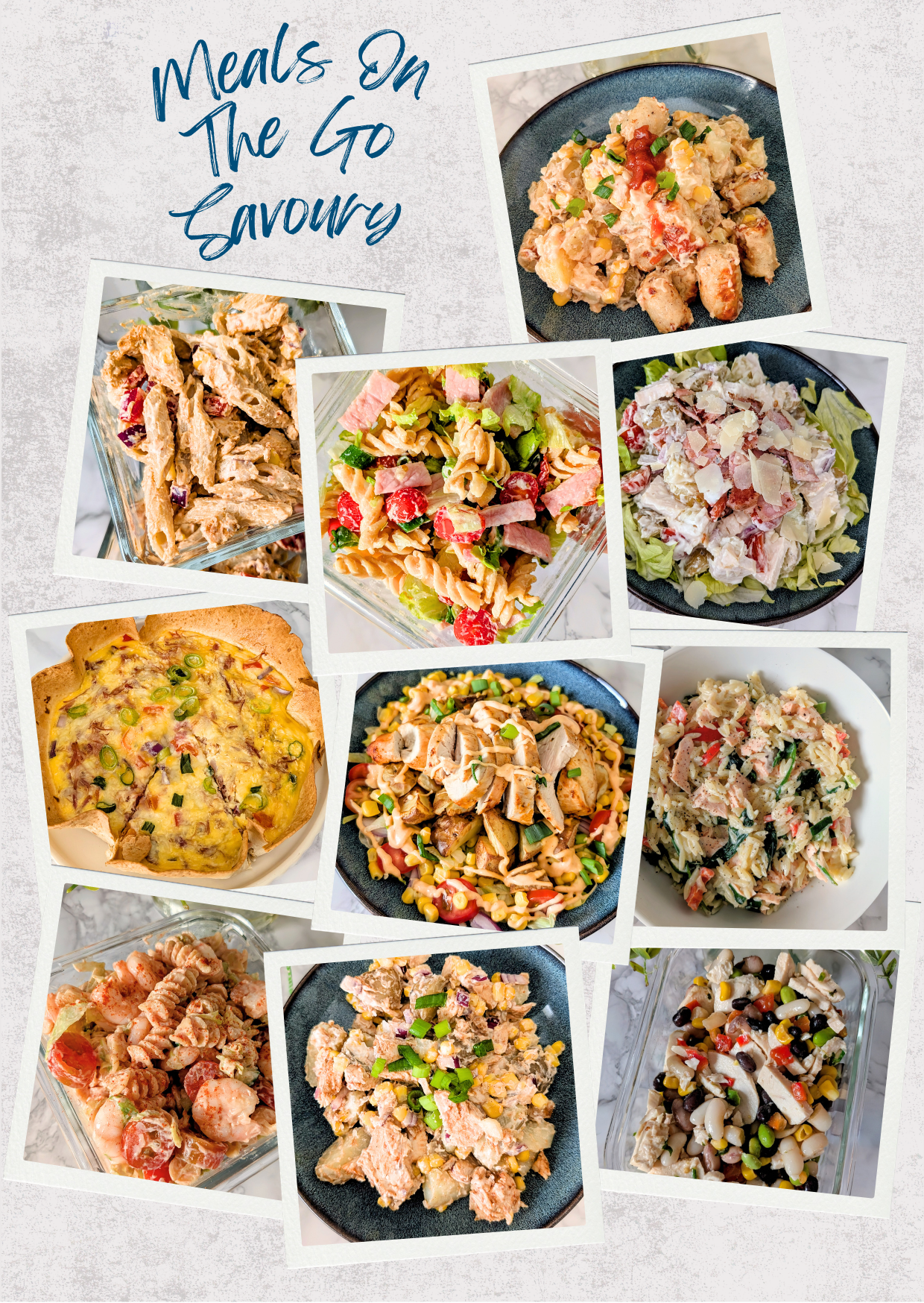 A collage of ten food photos arranged on a light textured background with the handwritten text 'Meals On The Go Savoury' in blue at the top. The dishes include chicken salads, pasta with meat, shrimp dishes, a baked casserole, and other savory meals served in bowls and containers.