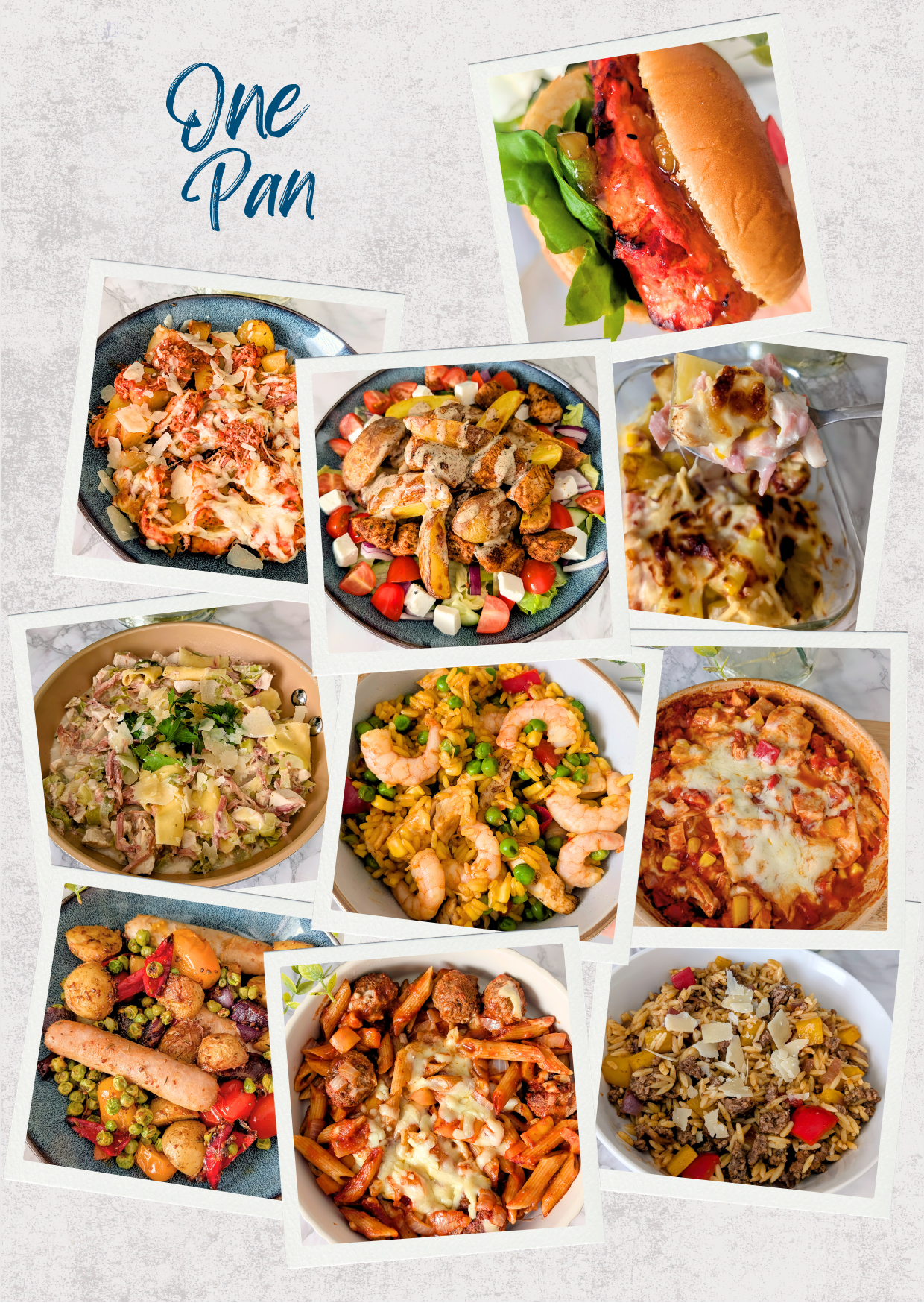 A collage of nine different one-pan meals presented in white Polaroid-style photo frames on a light textured background, with the words 'One Pan' in blue script at the top left.