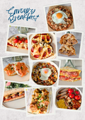 Collage of various savoury breakfast dishes including pizzas and eggs.