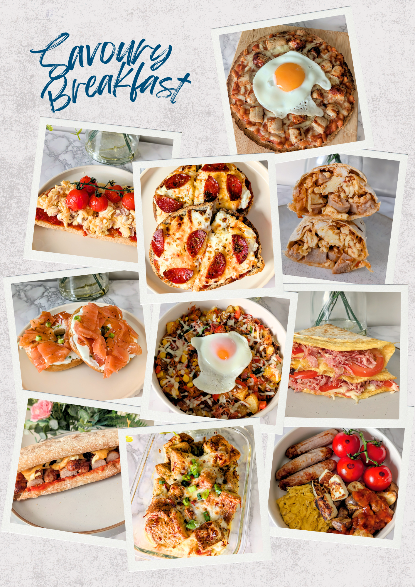 Collage of various savoury breakfast dishes including pizzas and eggs.