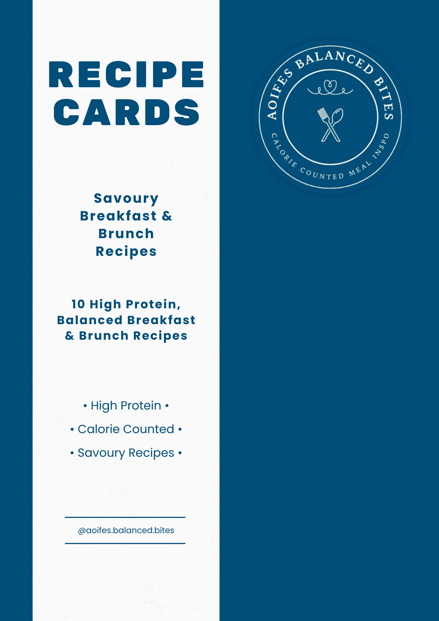 Recipe cards for savoury breakfast and brunch with high protein content on a blue and white background.