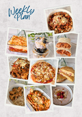 Collage of various food dishes with 'Weekly Plan' text at the top.