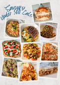 Collage of various savoury dishes with text 'Savoury Under 500 Cals' on a light background.